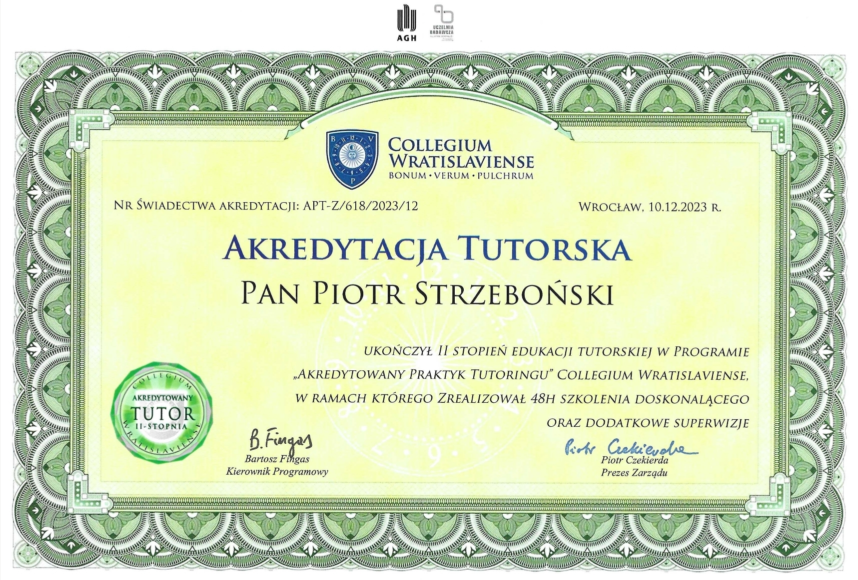Dr inż. Piotr Strzeboński - Akredytacja Tutora II stopnia