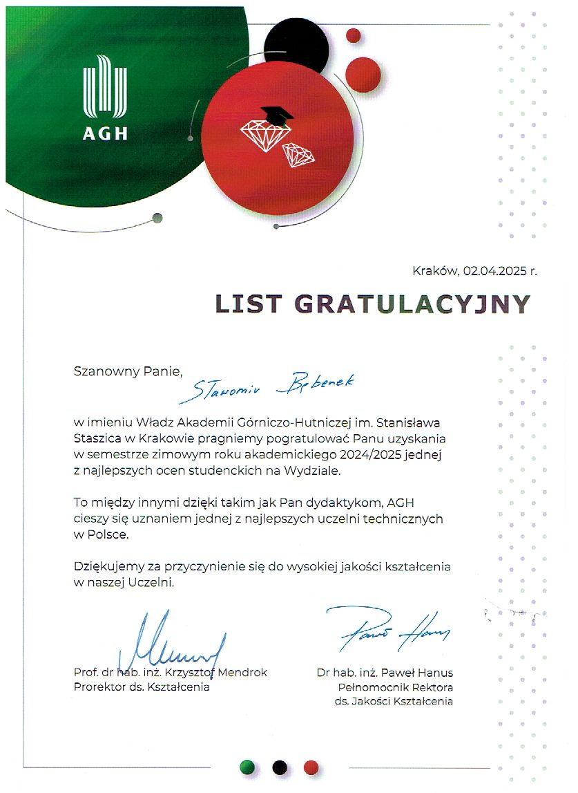 Dyplom uznania dla dr inż. Sławomira Bębenka